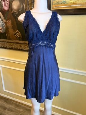 Silk Lace-Trim Chemise in Navy - Women's Intimates